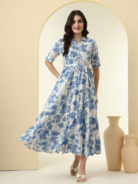 Klikniz Women A-line Blue Midi/Calf Length Dress