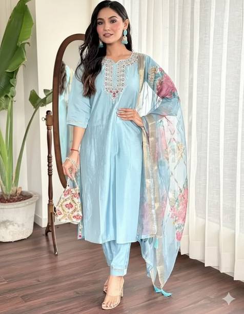 EverStitch Embroidered Kurta, Salwar & Dupatta Set